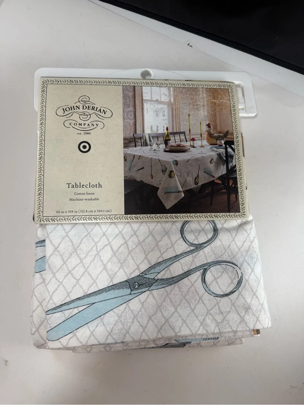 John Derian 2024 Cream Printed Cotton Linen Tablecloth - 60” x 104” Home Dining